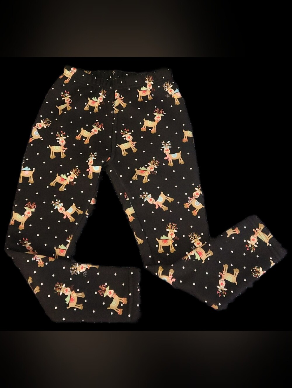 #KC136 Girls' Black Reindeer Print Leggings - Holiday Cozy